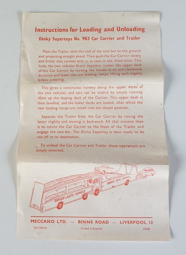 Vintage Dinky 983 Car Carrier Transporter and Trailer instructions